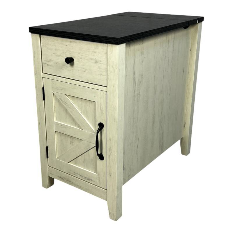 Farmhouse End Table with Charging Station,Night Stand with Barn Door and Drawer - White+Black