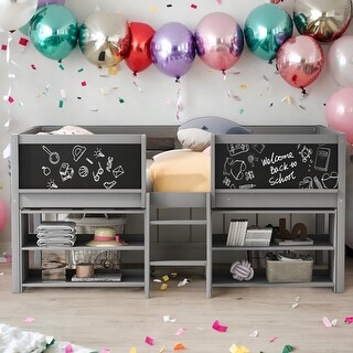 Twin Size Low Loft Bed with Movable Shelves and Ladder,Guardrail Chalkboard,Space Saving,4 Chalkboards Set On 3 Sides,Gray