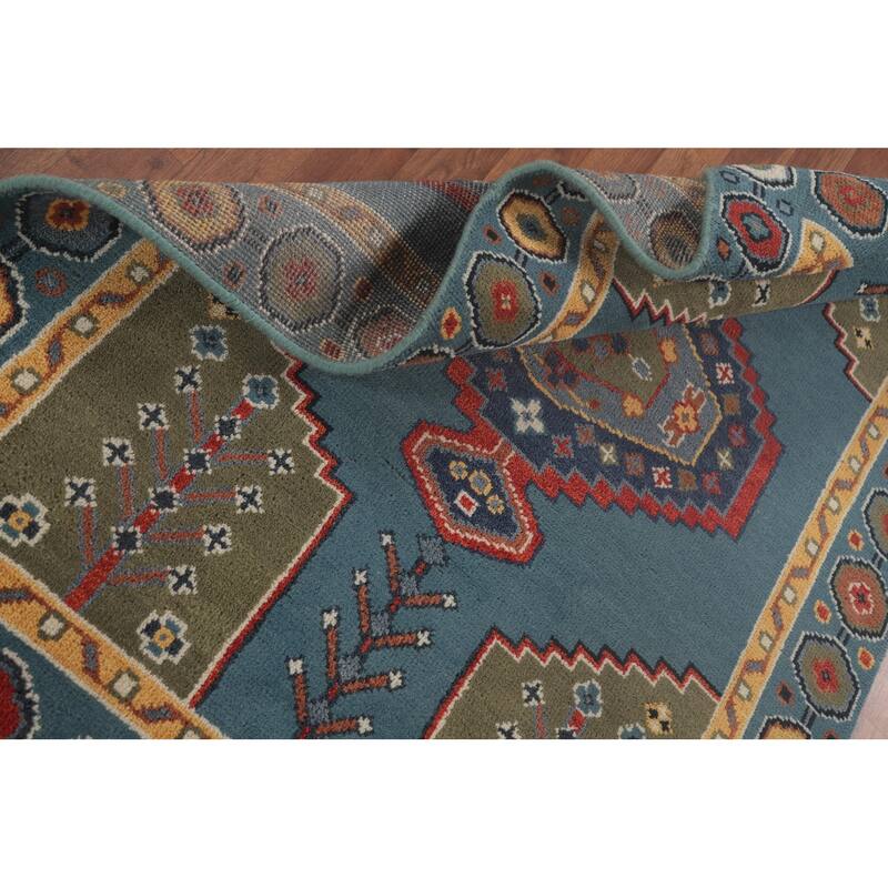 Blue Geometric Kazak Accent Rug Handmade Oriental Wool Carpet - 3'11"x 6'0"