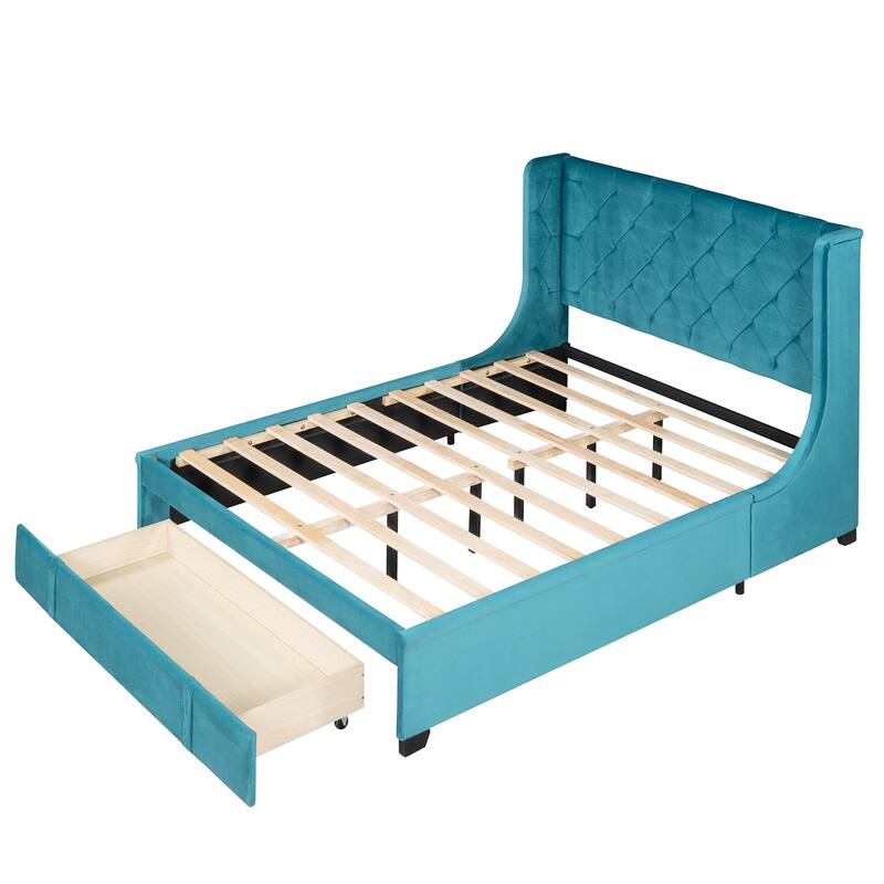 Storage Bed Velvet Upholstered Platform Bed with Wingback Headboard and a Big Drawer