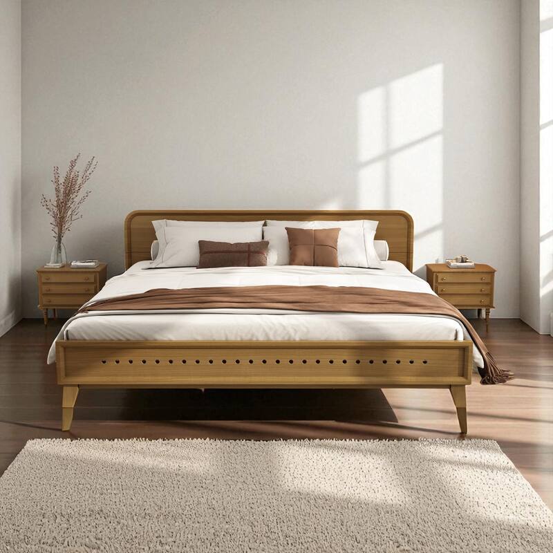 Queen/King Size Bed with Solid Pine Wood Frame, No Box Spring, Stable, Elegant Headboard