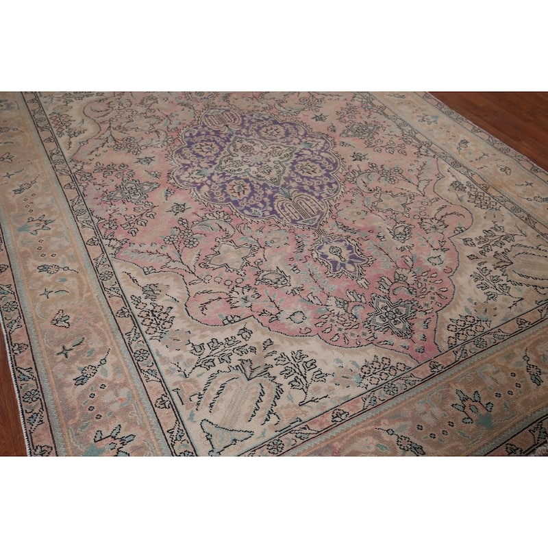 Pink Tabriz Vintage Persian Area Rug Handmade Wool Carpet - 6'9" x 9'3"