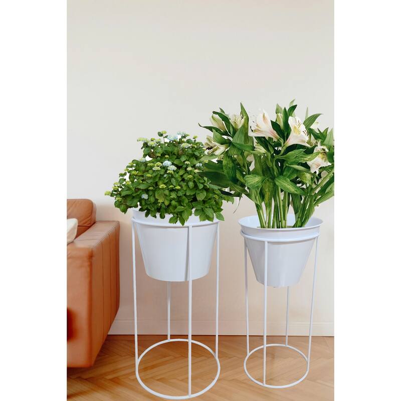 Metal Cachepot Set of 2 Black Color Flower Plant Stand - Minimalist Decor - White