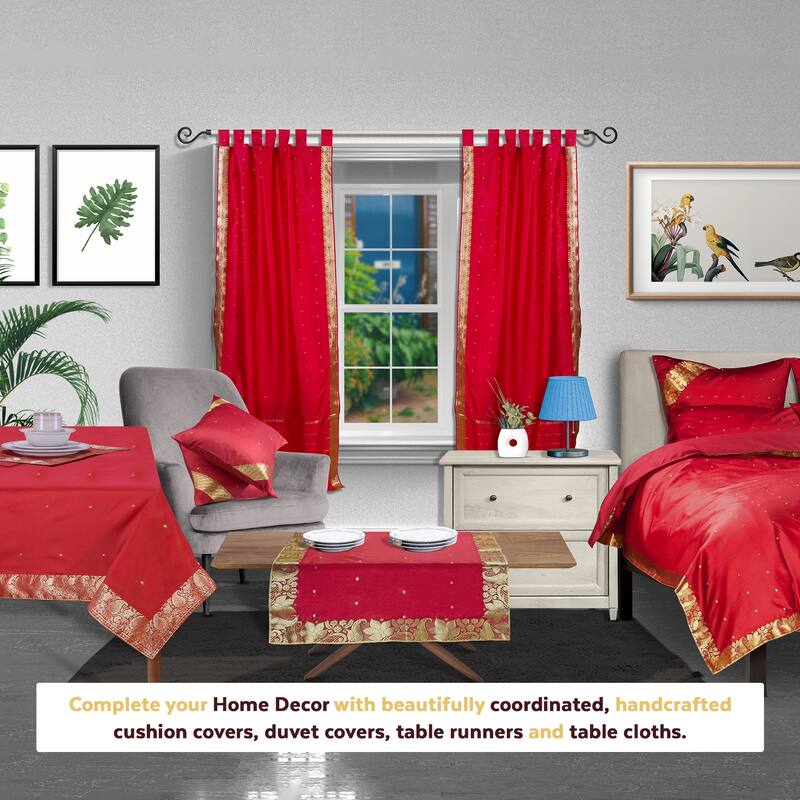 Maroon Tab Top Sheer Sari Curtain / Drape / Panel - Pair