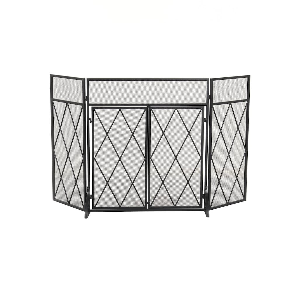 Metal Geometric Diamond 3 Panel 2 Door Fireplace Screen with Mesh Backing - Black - Roche River Decor