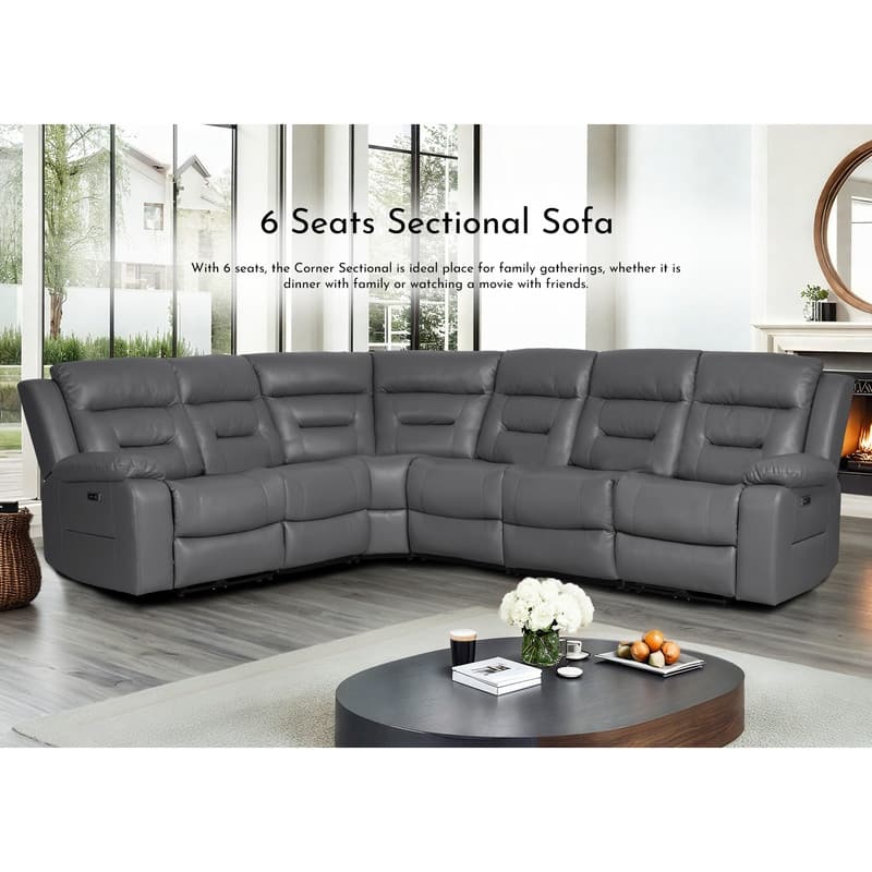 119'' Faux Leather Power Recliner 6-Seat Large Sectional Reclining Sofa with USB Port