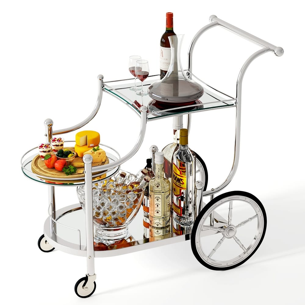 Gymax Bar Cart 3-Tier Home Bar Serving Cart on Wheels w/ Mirrored