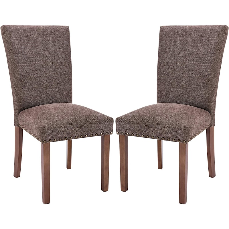 Upholstered Parsons Dining Chairs Set of 2/4/6, Fabric Dining Room Kitchen Side Chair with Nailhead Trim and Wood Legs - Set of 2 - F-Brown