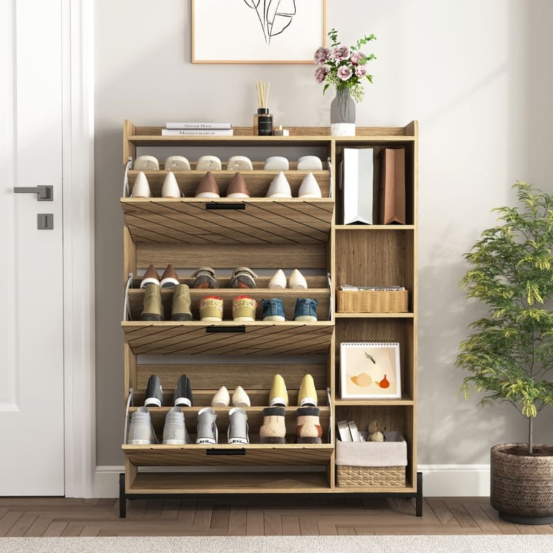 Freestanding Entryway Shoe Storage Cabinet with 3 Flip Drawers & Open Shelves-Up to 18 Pairs