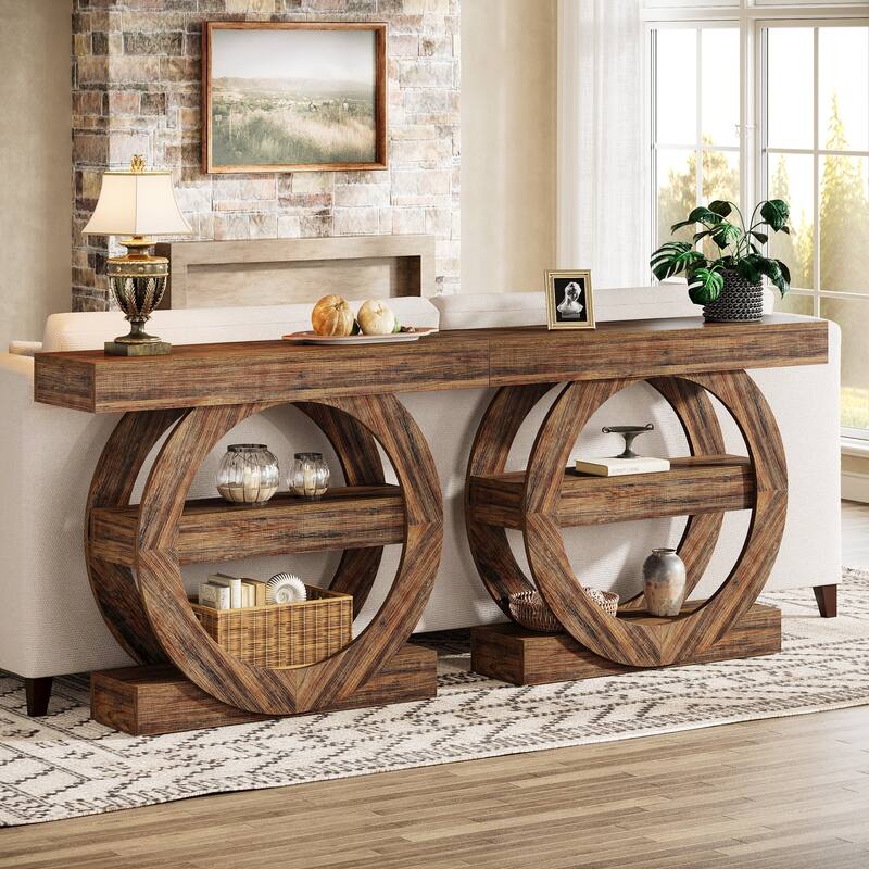 Industrial Brown 3-Tier Wood Console Table Sofa Tables for Entryway