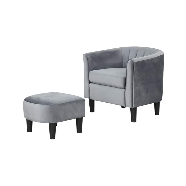 Modern Velvet Barrel Armrest Lounge Chair with Ottoman and Washable Cushion for Bedroom or Living Room - Grey