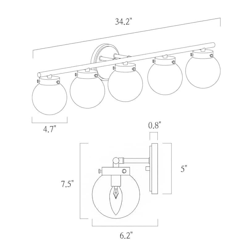 Rella Modern Gold 5-Light Bathroom Vanity Lights Dimmable Globe Glass Wall Sconces - L 34.2" x D 6.3" x H 7.5"