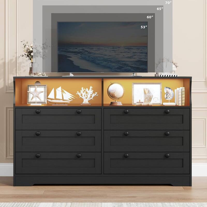 6 Drawer Dresser for Bedroom with Power Outlet and LED Light