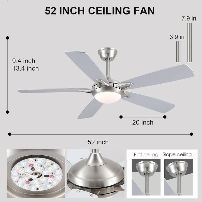 46“/52” Inch Modern Ceiling Fan with LED and Remote,5 Plywood Blades,Remote and APP Control