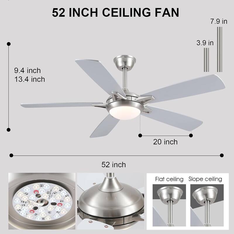 52" Downrod Ceiling Fan with Light and Remote,Reversible DC Motor,5 Plywood Dual Side Blades - 52 Inches