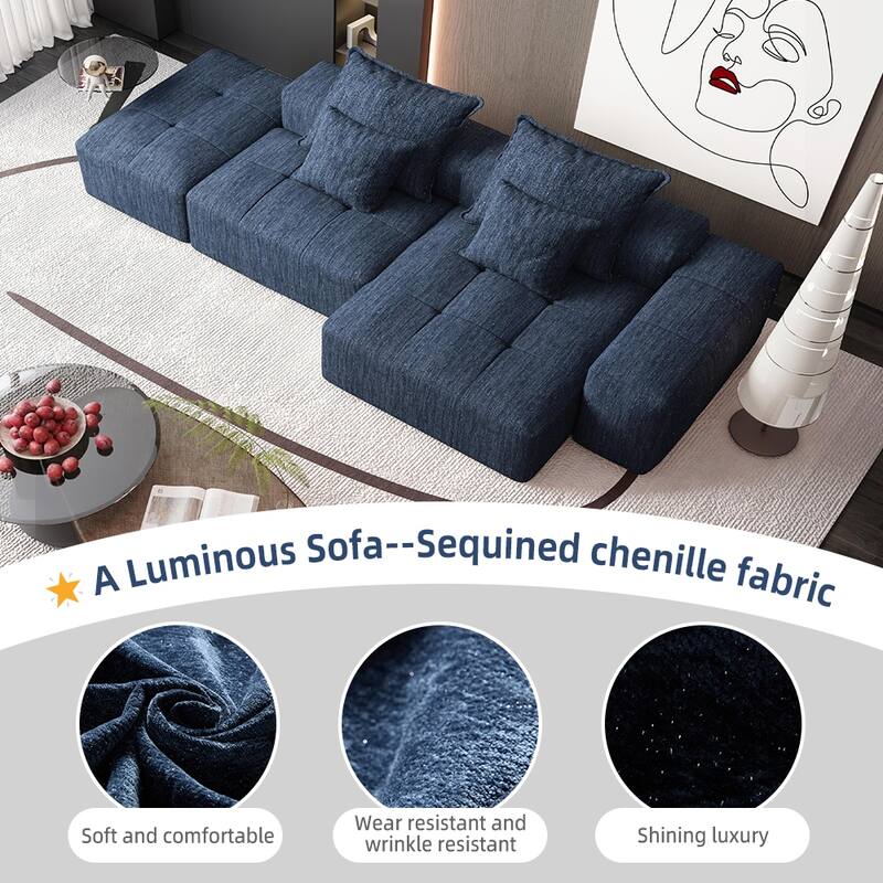 Oversized Floor Sectional Sofa with Ottoman & Chaise Lounge, Chenille Fabric Modular Couch with 4 Pillows for Living Room