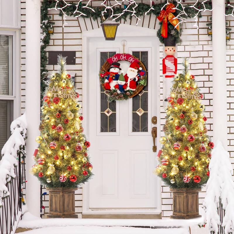 4.5 Ft Artificial Christmas Tree with 200 Warm White LED Lights and Red Berries Potted Base Holiday Xmas Tree - 11#2Pcs