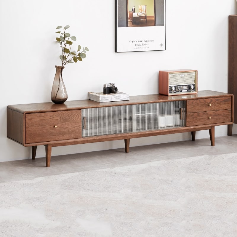 Modern TV Stand with Glass Doors and Drawers