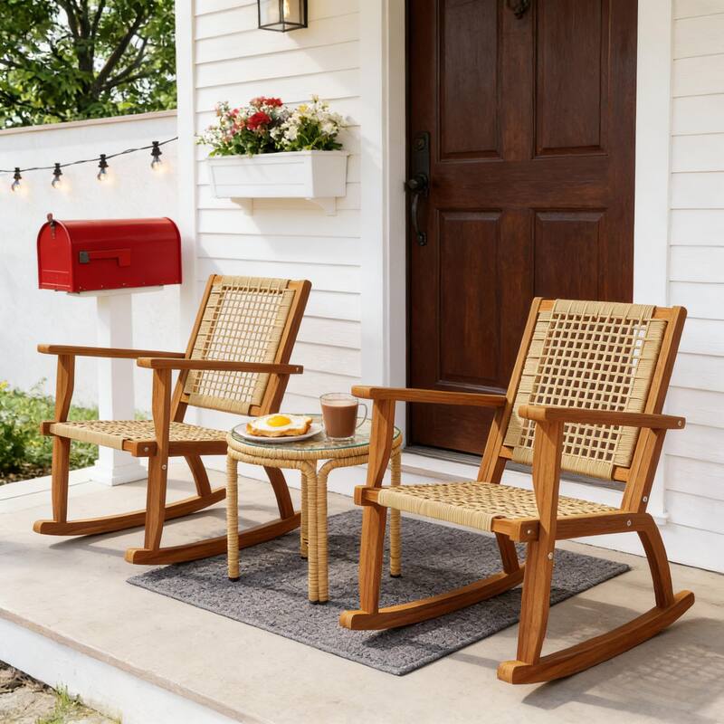 GDFStudio Outdoor Isolde Acacia Wood Rocking Chair with PE Wicker Comfort Set of 2 - khaki
