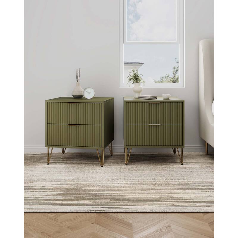 Manhattan Comfort Dumbo Mid Century 2 Drawer Nightstand Set of 2. - Olive Green