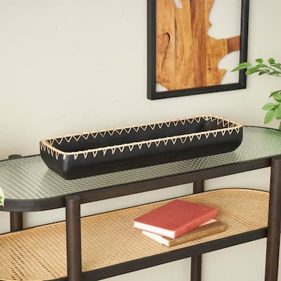 Mango Wood Handmade Nesting Tray with Hand Sewn and Woven Seagrass Accents - Black or Brown
