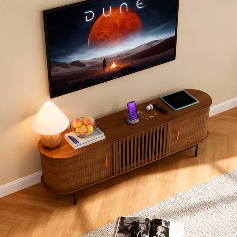 70" Wood TV Stand for TVs, Fluted Mid-Century Modern Media Entertainment Center with Hidden Storage