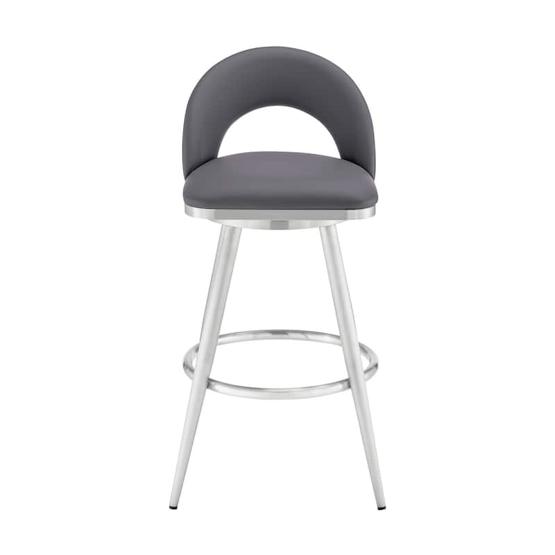 Visy 30 Inch Swivel Barstool Chair, Round Open Back, Gray Faux Leather