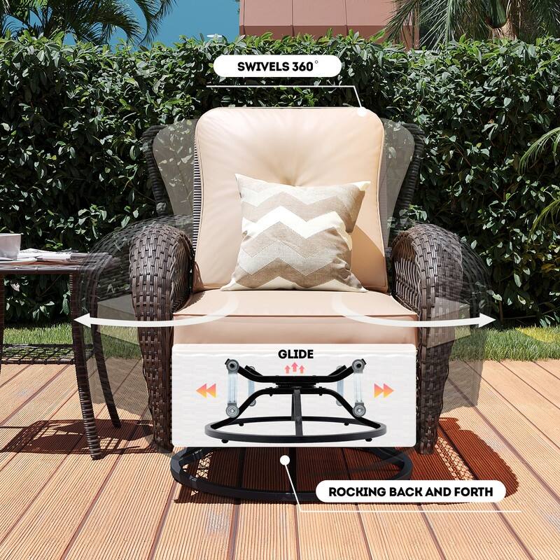 Patio Watcher 6-Piece Brown Wicker 360-Degree Patio Conversation Outdoor Rocking Chair Set with Cushions