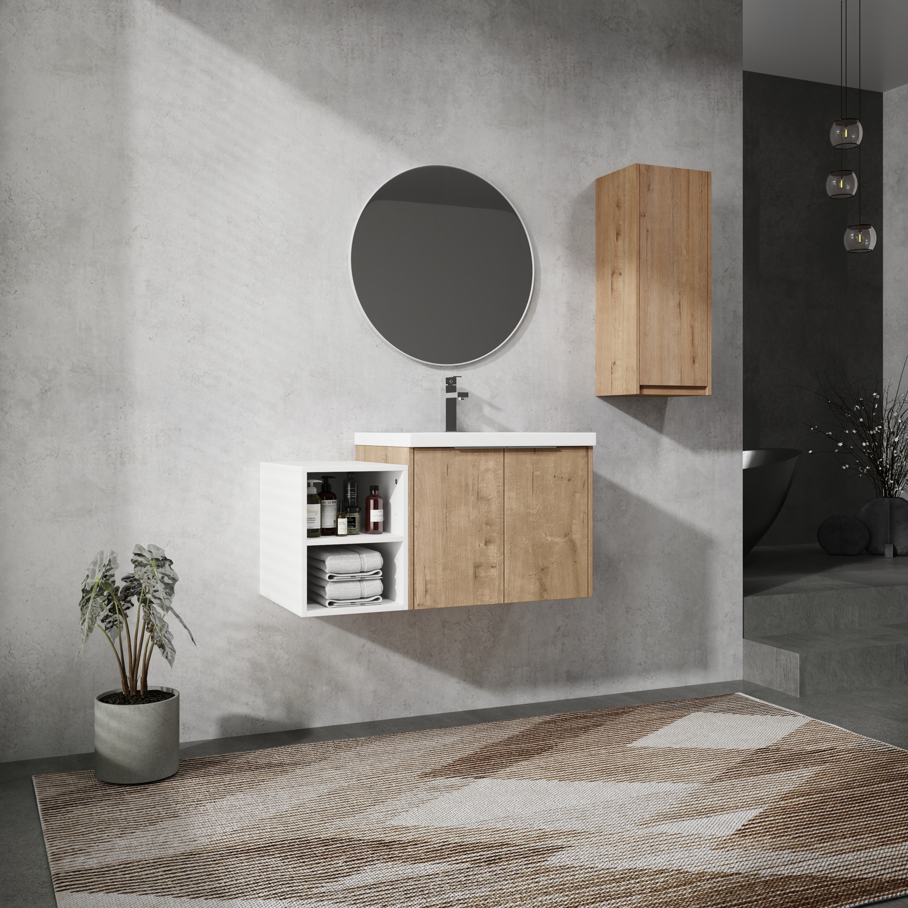 Wall-Mounted Bathroom Vanity With Resin Sink and Side Cabinet,Combination Cabinet