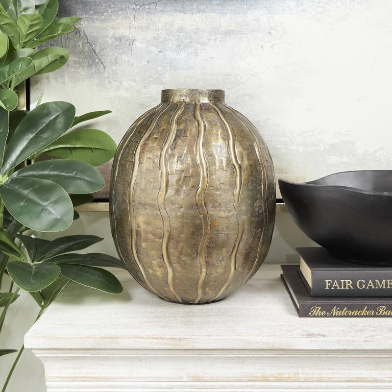 Metal Snakeskin Inspired Decorative Vase with Dimensional Wavy Accents - Brass - Roche River Decor