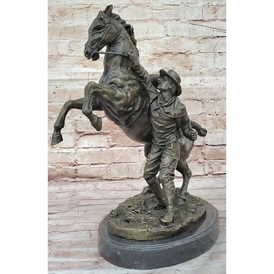 Bronze Sculpture Of Cowboy Taming A Rearing Horse – Western Art
