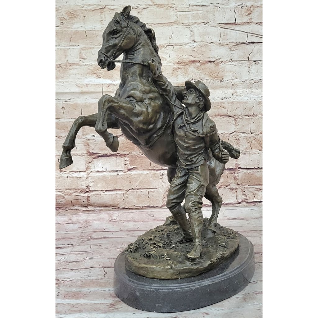 Bronze Sculpture Of Cowboy Taming A Rearing Horse – Western Art