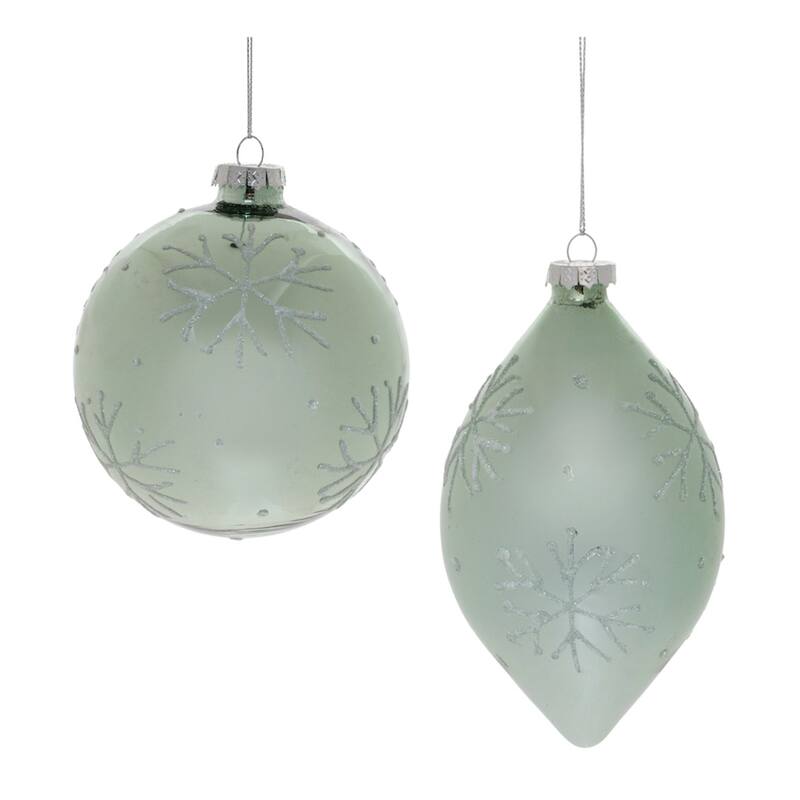 Frosted Snowflake Glass Christmas Ornaments - 6" - Green - 6ct