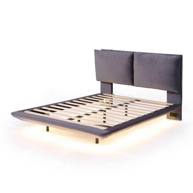 Upholstered Platform Bed w/ Sensor Light & Backrests, 2 Sets of Socket