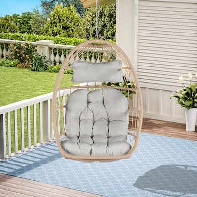 Outdoor Garden Rattan Egg Swing Chair Hanging Chair Wood+Light Gray