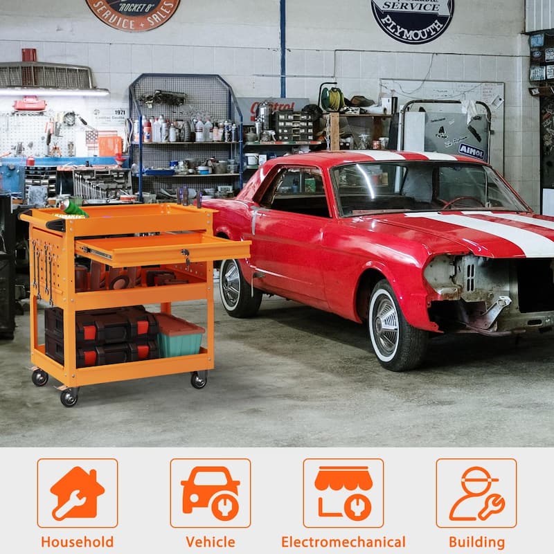 3-Tier Rolling Tool Cart on Wheels for Mechanics with Utility Drawer