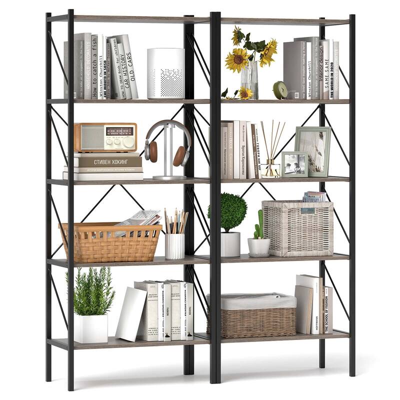 1/2 PCS 5-Tier Bookshelf 63" Tall Bookcase with Open Shelves - Oak & Black - 2 pcs