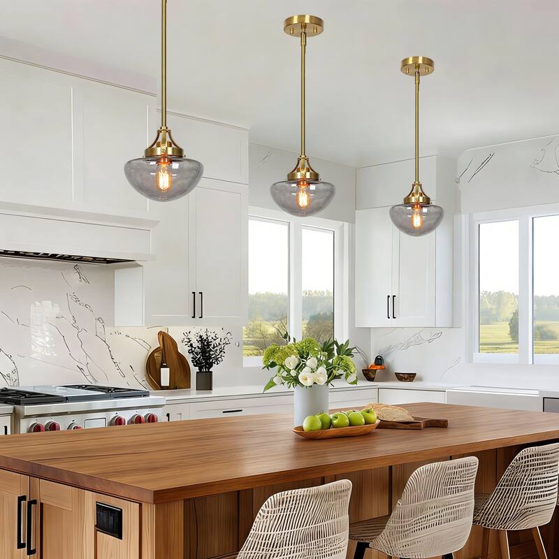 Modern 1-Light Gold Kitchen Island Pendant Light Grey Glass Hanging Light for Dining Room - 8.5"Dia x 22"H