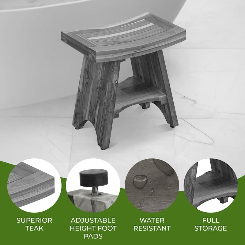CoastalVogue Serenity Antique Gray Teak Wood Shower Stool with Curved Seat 18-inches Wide x 18-inches High