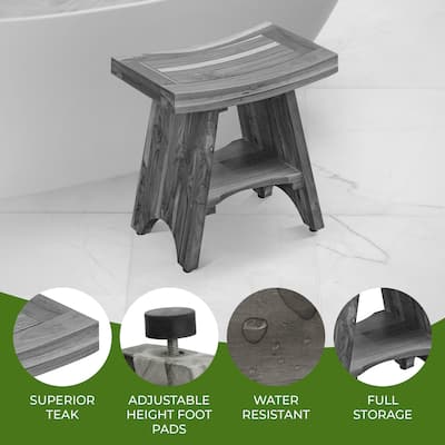 CoastalVogue Serenity Antique Gray Teak Wood Shower Stool with Curved Seat 18-inches Wide x 18-inches High