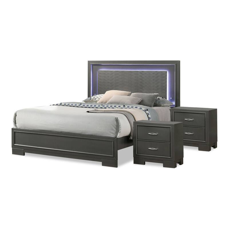 Furniture of America Lalt Modern 3-Piece Metallic Grey Wood Panel Bedroom Set with LED Light