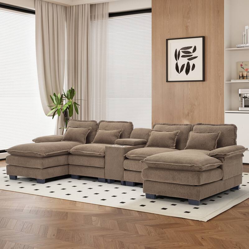U-shaped Sectional Sofa Chenille Fabric Doudle Layer Cushion with USB Central Console - Light Brown