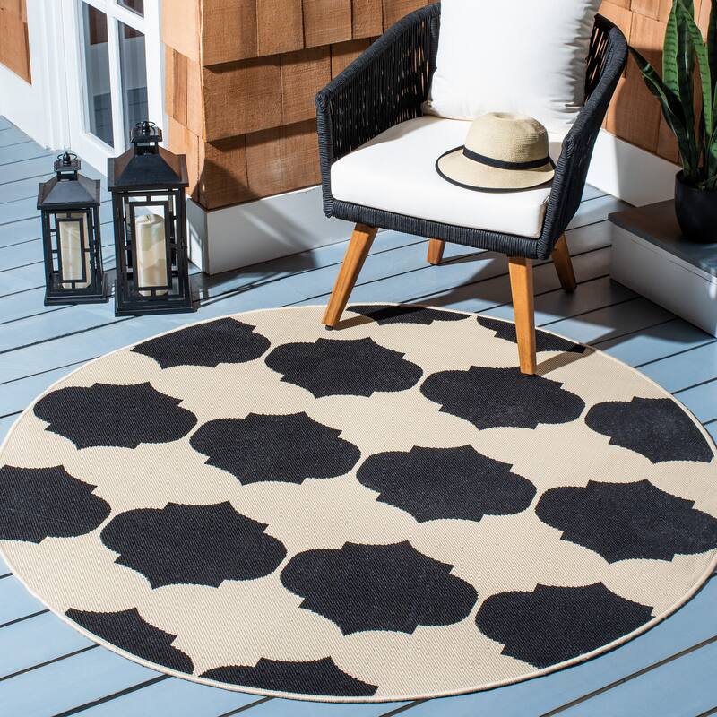 SAFAVIEH Courtyard Abeda Indoor/ Outdoor Waterproof Patio Backyard Rug - 5'3" Round - Beige/Black
