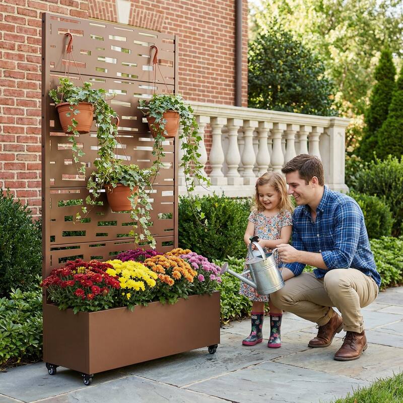 Raised Garden Bed Planter with Trellis Movable Planter Box with Lockable Wheels