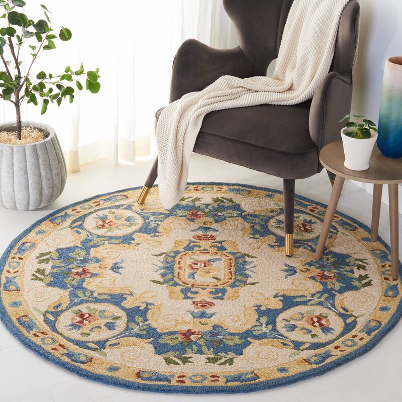 SAFAVIEH Handmade Micro-Loop Cheong Wool Rug - 5' Round - Cream/Blue
