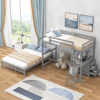 Grey Twin Over Full Bunk Bed with Built-in Desk and Three Drawers, Separated High Loftbed and Removable Bottom Platform Bedframe