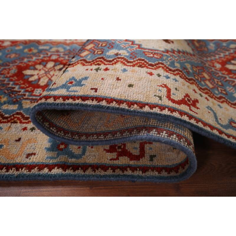 Blue Geometric Kazak Indian Foyer Rug Handmade Wool Carpet - 2'6"x 6'0"