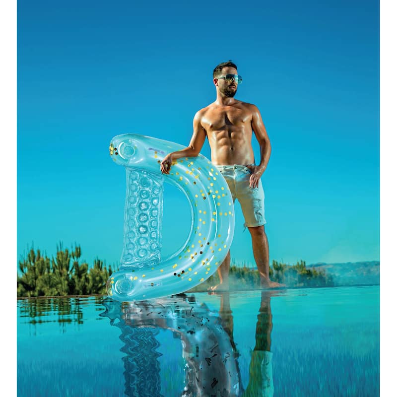 POZA Inflatable Blue Gold Pool Float Chair w/ 2 Built-in Cup Holders - 48×38 Inches
