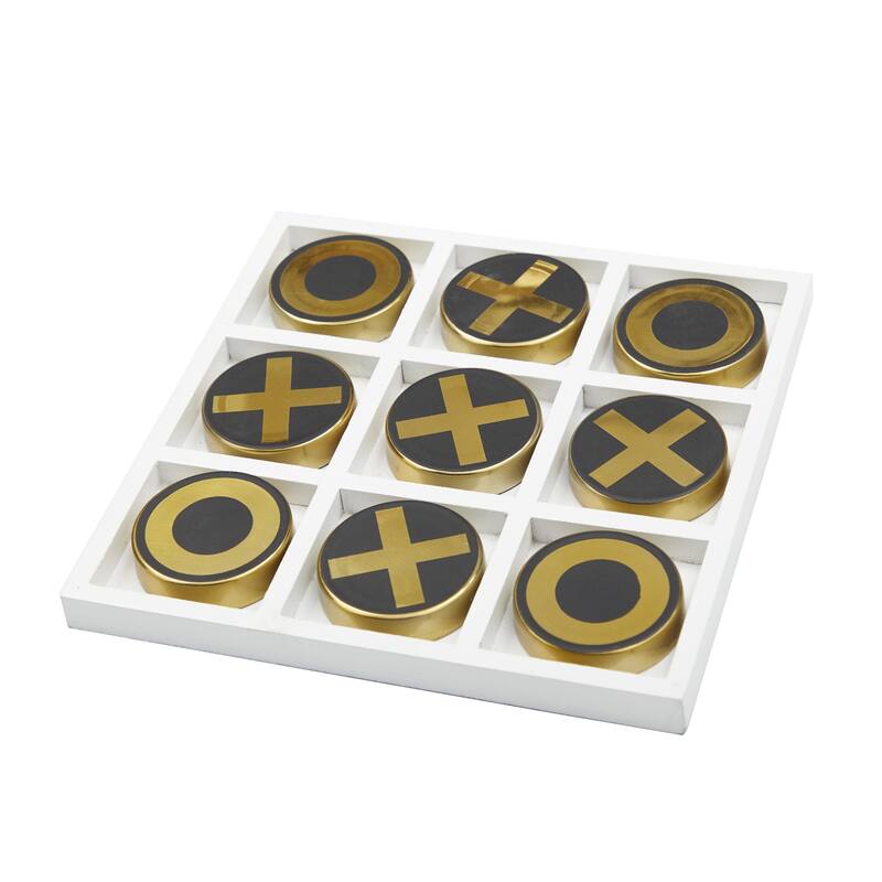 Wooden Tic Tac Toe Block Game Set with Steel or Light Wood Pieces - Black, Dark Brown, Gold - Roche River Decor