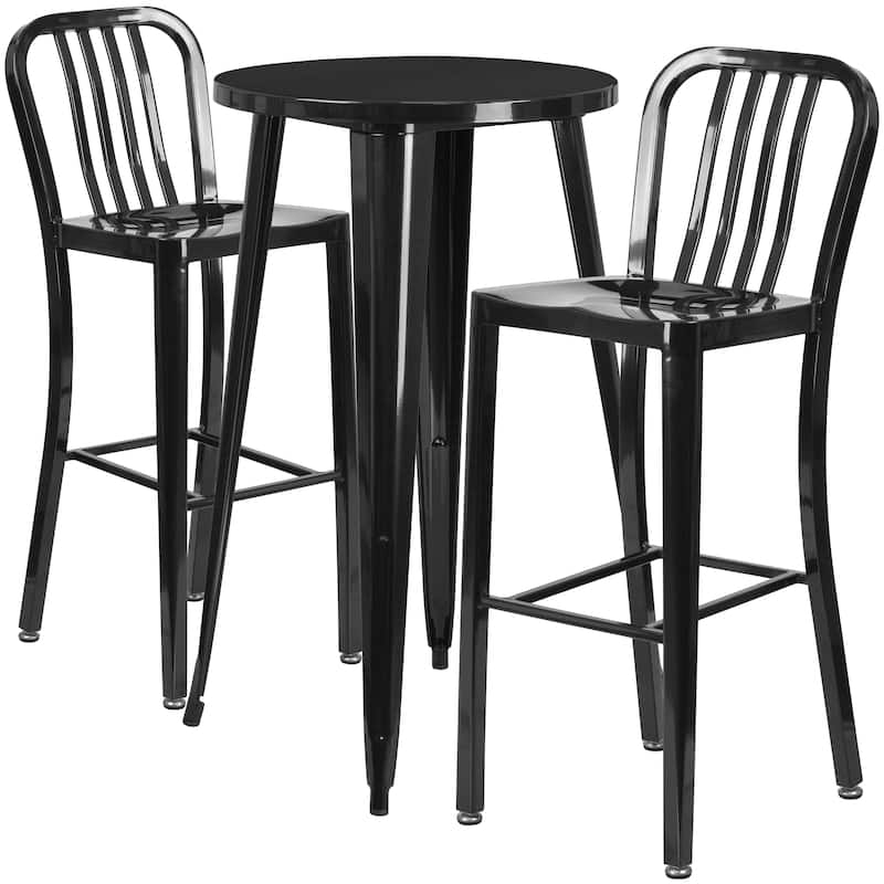 24'' Round Metal Indoor-Outdoor Bar Table Set with 2 Vertical Slat Back Stools - 24"W x 24"D x 41"H